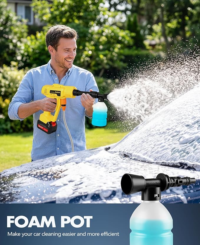 BluSwim Cordless Car Cleaning Tool with LCD Display, Portable Vehicle Cleaner with Brushless Motor, 3 Levels Adjustable Battery Powered Water Sprayer with 16.5FT Hose, 6-in-1 Nozzle for Patio - Yellow