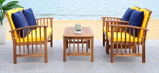 SAFAVIEH Outdoor Collection Rocklin Natural/ Yellow Cushions/ Navy Pillows 4-Piece Conversation Patio Set