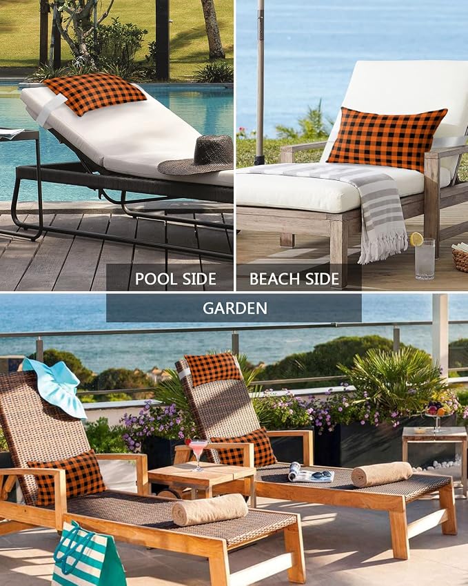 Outdoor Pillows Covers with Inserts Rustic Orange and Black Buffalo Plaid Waterproof Recliner Pillow with Adjustable Strap Throw Pillows for Patio Furniture Pool Lounge Chair, 11x16 inch, 1PCS