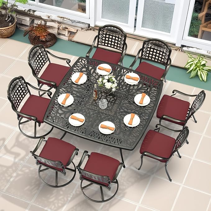 MEETWARM 9-Piece Outdoor Patio Dining Set for 8, All Weather Cast Aluminum Patio Funiture Table and Chairs Set- Large 64" Square Table and 4 Swivel Rocker Chairs, 4 Stationary for Garden, Red