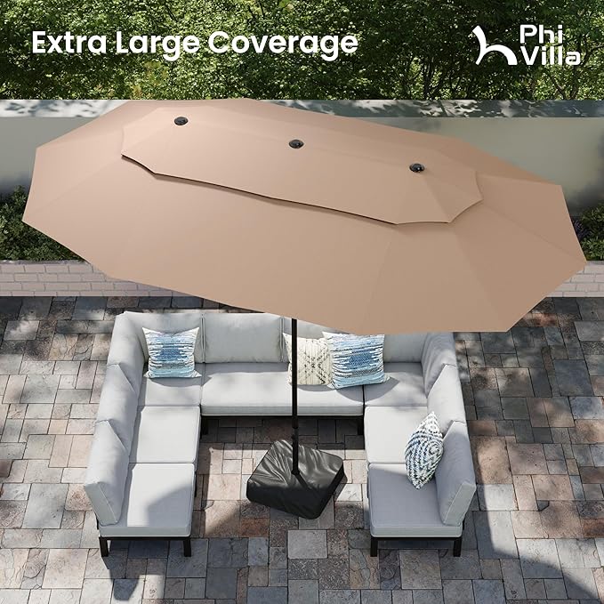 PHI VILLA 15ft Large Patio Umbrellas with Base Included, 2-Tier Outdoor Double-Sided Rectangle Market Umbrella with Stand, Outside Umbrellas for Poolside Lawn Backyard, Beige