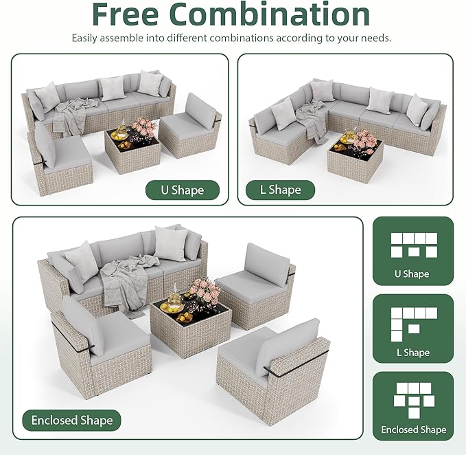 7-Piece Outdoor Sectional Sofa Set, Weather-Resistant Patio Furniture Set with Washable Cushions and Coffee Table, Grey Rattan Patio Conversation Set for Poolside, Backyard, Deck (Grey)