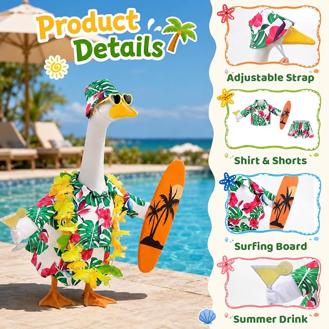 Porch Goose Hawaiian Outfit with Hat, Sunglasses & Lei, Summer Yard Decor | Fits 23 Inch Goose, Includes Tropical Shirt, Drink, Surfboard & Lei,Summer Goose Outfit for Pool Party, Lawn Garden Decor