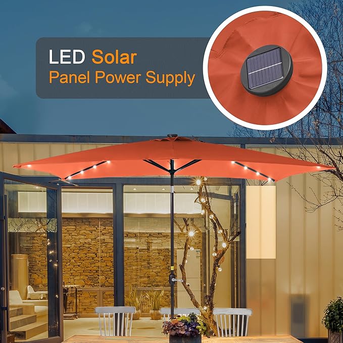 Rectangle Patio Umbrella with Solar Lights, 6x9ft Outdoor Rectangular Table Market Umbrella Patio with Push Button Tilt and Crank for Pool, Deck, Garden,Backyard