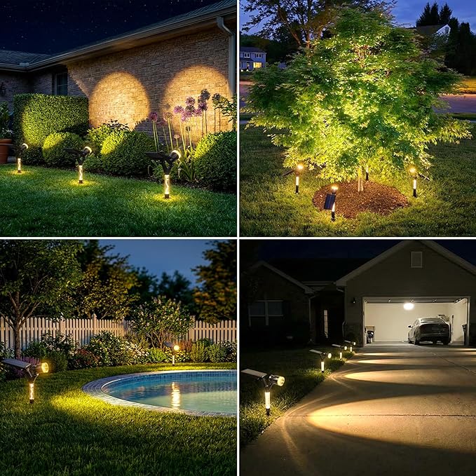 Solar Lights Outdoor Waterproof Spot Lights, 2 Pack Solar Powered Garden Spotlights for Outside Yard Pathway House Landscape Lighting, Auto On/Off, 3000K Warm White