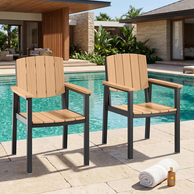 Outdoor Dining Chairs Set of 2, Aluminum Patio Dining Chairs with Armrest for Ergonomic Design, Aluminum Frame HDPS Faux Wood, All Weather Outdoor Furniture for Garden and Indoor Nature Wood