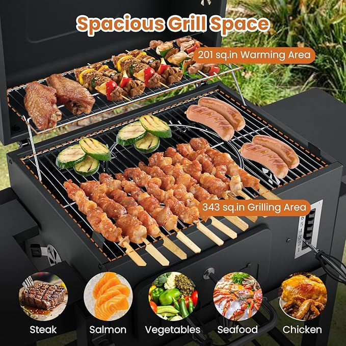 Happygrill Barrel Charcoal Grill with 2 Folding Side Tables, 24-Inch Outdoor Barbecue Grill w/544 sq.in Cooking Area, 6-Gear Charcoal Tray & Storage Shelf, Portable Griddle w/Wheels for Camping Picnic