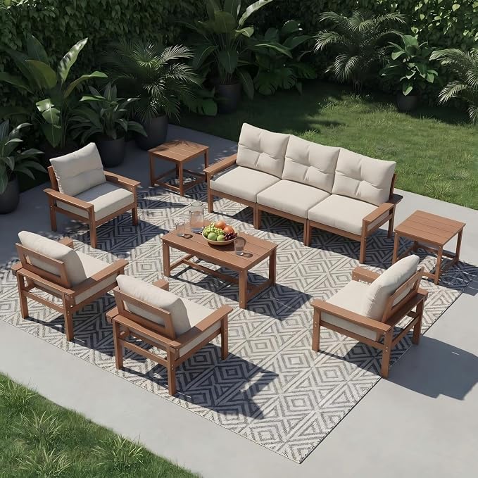 HDPE 3 Piece Patio Furniture Set, All-Weather Outdoor Couch Set with Thick Cushions, Patio Conversation Sets for Lawn, Garden, Porch, Deck, Balcony, Poolside, Teak Frame Beige Cushion