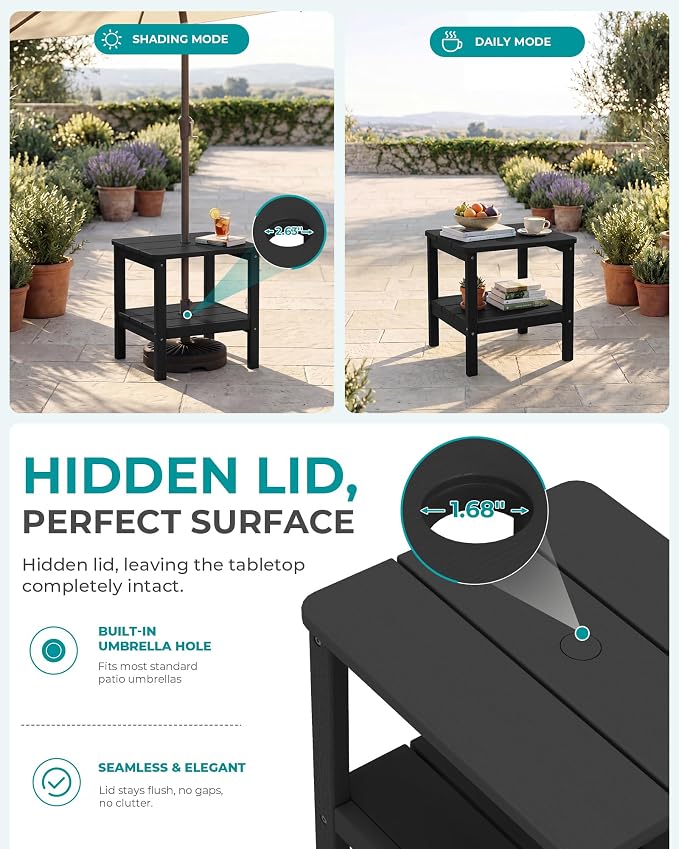 SERWALL Double Layer Adirondack Side Table with Umbrella Hole, HIPS Outdoor Side Table Rectangular End Tables for Patio, Poolside, Garden, Black