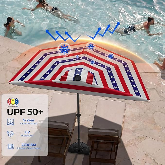 HOMSHADE 9FT Half Patio Umbrella with Solar LED Lights for Outdoor, Waterproof Half Umbrella for Small Spaces, Balcony, Deck(Fourth of July Stripes)