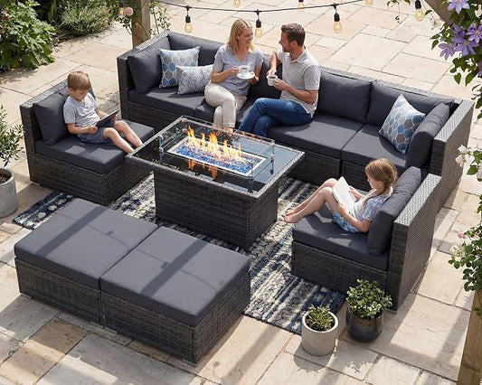 RADIATA 9 Piece Wicker Patio Furniture Set with Fire Pit, All-Weather Outdoor Sectional Couch High Back Large Size, Modular Backyard Seating Sofa Set with Propane/Natural Gas Firepit Table, Dark Grey