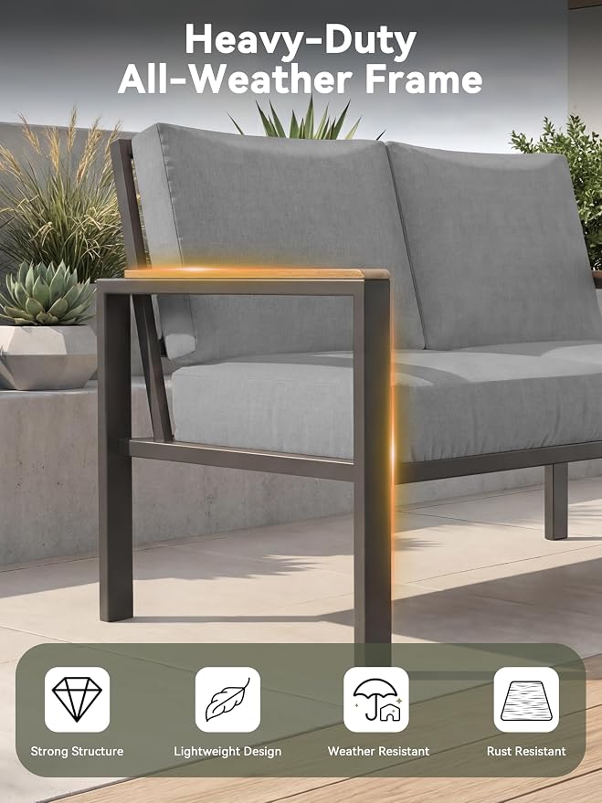 5-Piece Patio Furniture Set with Fire Pit Table & Coffee Table & Removable Washable Cushions, All-Weather Metal Frame and Wood-Like Armrests for Porch, Garden, Balcony,Grey