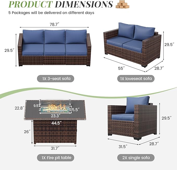 Amopatio Oversized Outdoor Sectional Sofa Set with 44" Metal Fire Pit Table & Storage Coffee Table - Waterproof Wicker Patio Furniture Set, Modular Furniture with Removable Cushions (Navy)