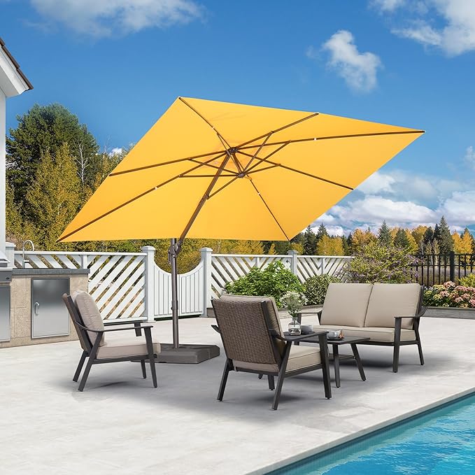PURPLE LEAF 9' X 11.5' Rectangle Cantilever Umbrella Patio Umbrella Antique Bronze Outdoor Aluminum Offset Hanging Umbrella with 360-degree Rotation for Pool Garden Backyard Deck, Yellow