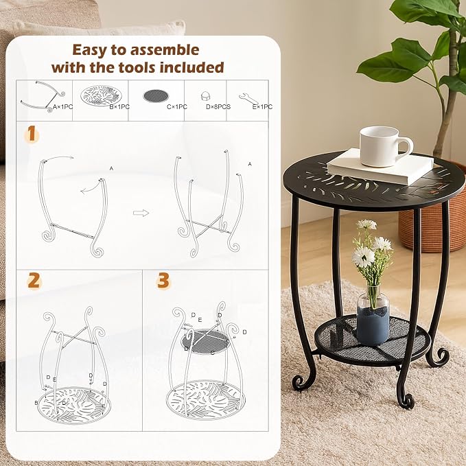 2-Tier Metal Round Side Table Black Accent Coffee Tables Small Space Corner Plant Stand Shelf for Indoor Outdoor Porch Patio Balcony Living Room End Table with Storage, Rust-Proof