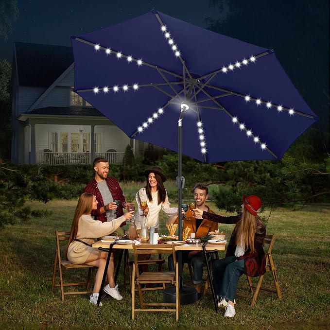 FLAME&SHADE 11 FT Solar Light Patio Umbrella, 40 LED lights outdoor umbrella with Centre Surround Light, Table Market Umbrella for Deck, Pool, Porch, Backyard, Garden, UV Protection, Navy Blue