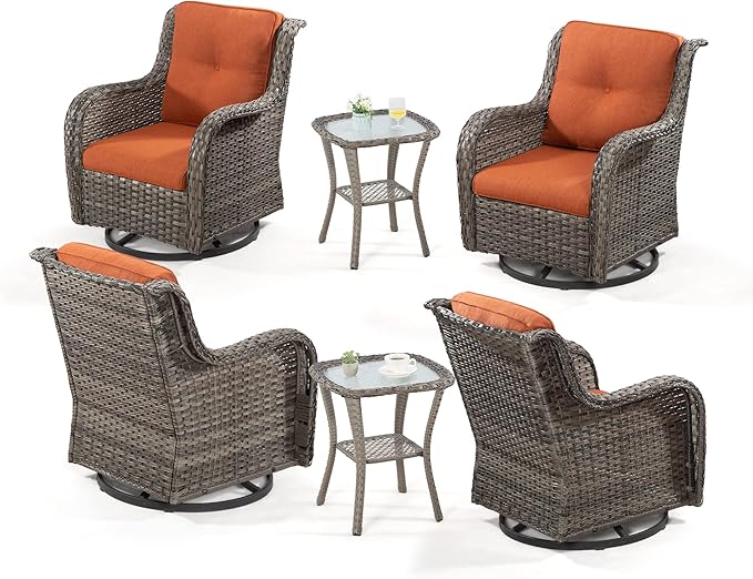 Outdoor Swivel Rocker Patio Chairs Set of 4 with 2 Matching Side Tables - 6 Pieces Patio Wicker Conversation Set with Premium & Soft Fabric Cushions(Mixed Grey/Orange