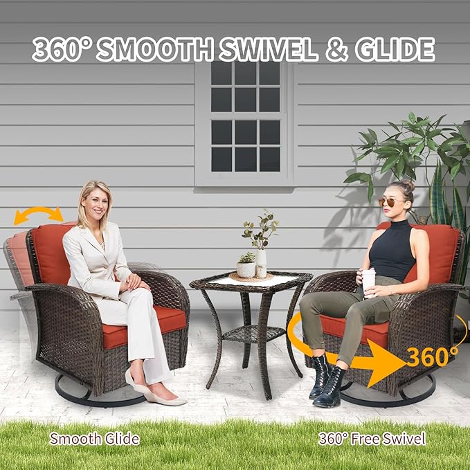SHGJ&SOFT 3 Piece Patio Furniture Set, 2 Outdoor Swivel Rocking Chairs with Side Table, Wicker Glider Chairs, All-Weather Rattan Bistro Set for Porch, Deck, Pool (Red, Brown Full-Weave Rattan)