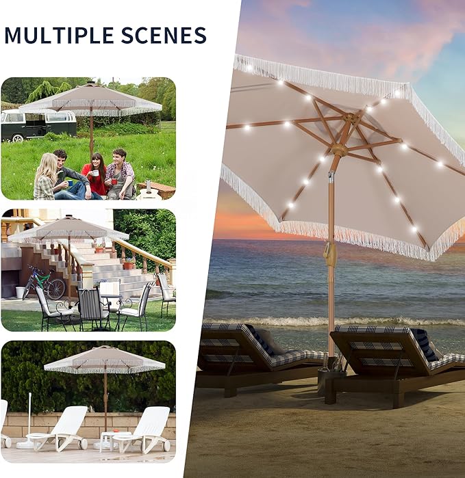 GDY 7.5ft Tassel Patio Umbrella and Matching Base, Outdoor Table Umbrella with 18 LED Lights,Market Umbrella with 6 Sturdy Ribs, with Push Button Tilt and Crank, Camel
