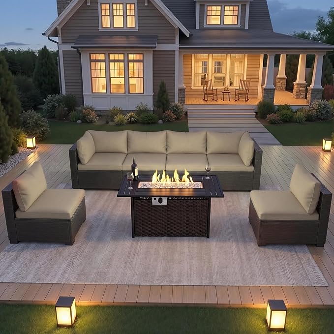 CHABATREE 8-Piece Wicker Patio Conversation Set with 44" Propane Fire Pit Table, Cozy Outdoor Sectional Sofa for Backyard Gatherings, Poolside Lounging & Garden Parties