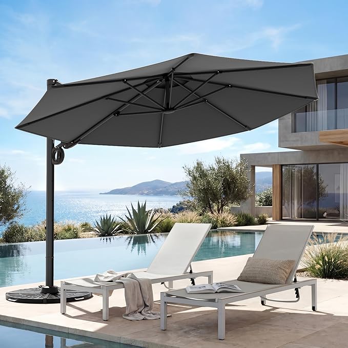 Grand patio 12 FT Patio Umbrella, Outdoor Large Round Cantilever Umbrella with 360° Rotation, Aluminum Offset Umbrella for Patio Garden Deck Pool, Dark Gray