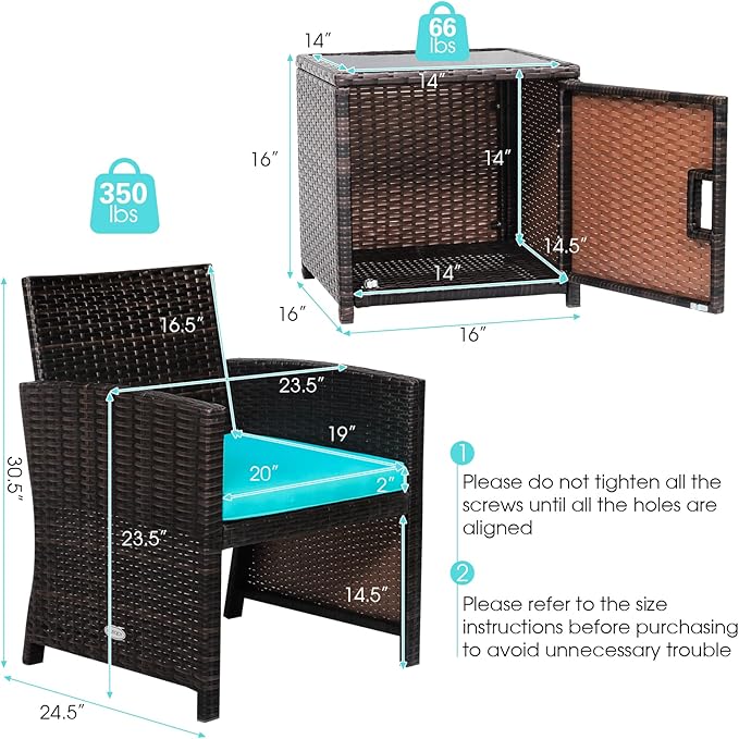Tangkula 3 Pieces Outdoor Wicker Conversation Set with Waterproof Cover, 2 Patio Rattan Cushioned Chairs with Side Storage Table, Suitable for Front Porch, Balcony, Garden, Poolside (Turquoise)