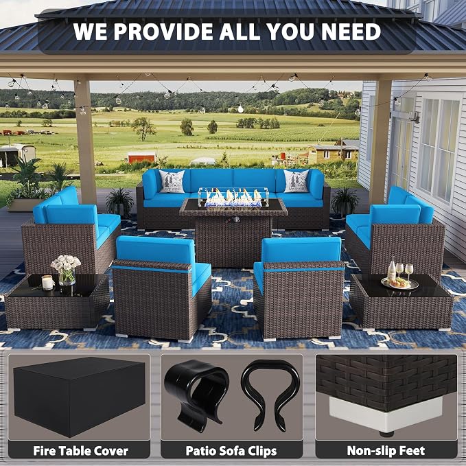 13 Pieces Patio Furniture Set with 44" Propane Gas Fire Pit Table, Outdoor Sectional Wicker Conversation Sofa Sets with Coffee Table