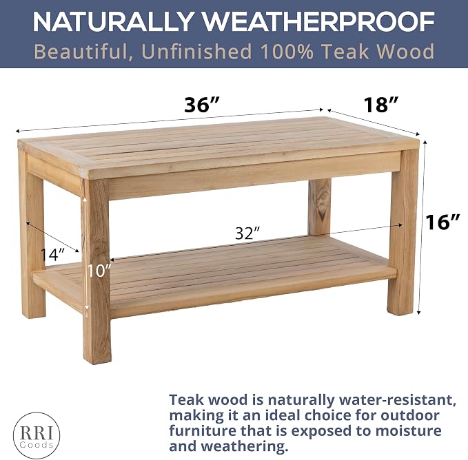 Teak Wood Side Table with Storage, Indoor and Outdoor Wooden Furniture for Deck, Porch, Balcony, Living Room, Bedroom and Backyard (36" D x 18" W x 16" H)
