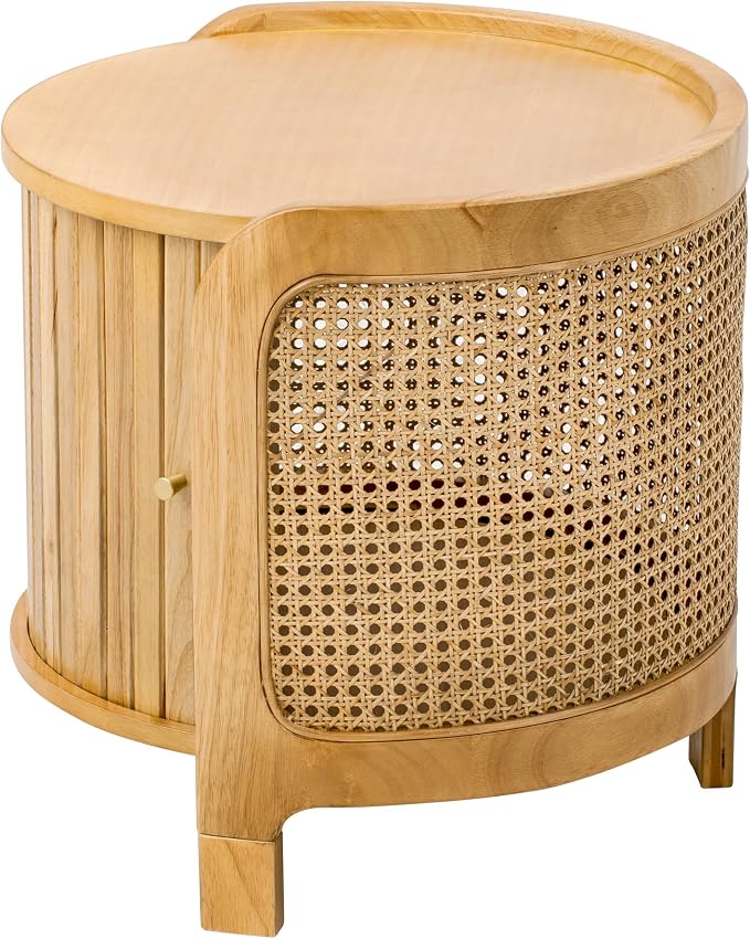 Merax Small Round Rotating Coffee Table with Hidden Storage, 19.8 Inch Modern Indoor/Outdoor Natural Rattan Coffee Table with Wood Fluted Sliding Door, for Patio Garden Balcony or Living Room
