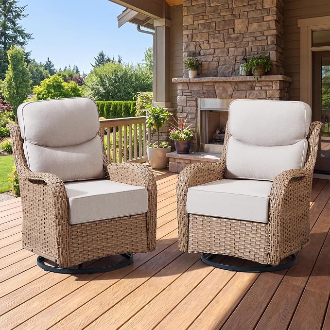 Luxury Outdoor Swivel Rocker Patio Chairs Set of 3, High Back Swivel Patio Chairs with Side Table & 6-Inch Thick Cushions, Wicker Outdoor Bistro Set for Porch, Yard, Deck, Poolside, Yellow/Beige
