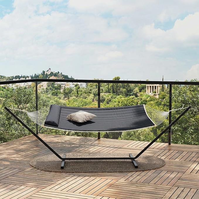 Double Hammock with Stand, 2 Person Cotton Rope Design, 450 Lbs Capacity, Includes Reversible Quilted Pad and Pillow, Hardwood Spreader Bars for Backyard Patio Outdoor