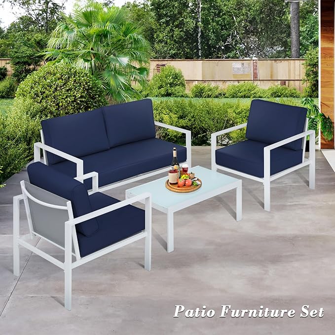 Athena Collection Patio Bistro Set Table and Chairs Set of 4, Outdoor Furniture Set Heavy Duty Conversation Sets Metal Loveseat with Upholstered Seat and Cushions, Blue