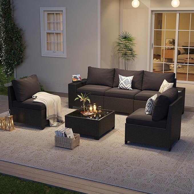 Aoxun Patio Furniture Set, 6 Pcs Outdoor Patio Furniture Sets with 4in Thicken Cushion, Widen Armrests Wicker Outdoor Sectional for Backyard (Waterproof Cover Include)