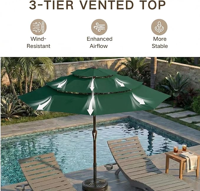 Kingdura 10ft 3-Tier Patio Umbrella, Outdoor Table Umbrella with Easy Crank & Tilt, 8 Reinforced Ribs, UV Protection for Deck, Pool, Market, Backyard (Dark green)