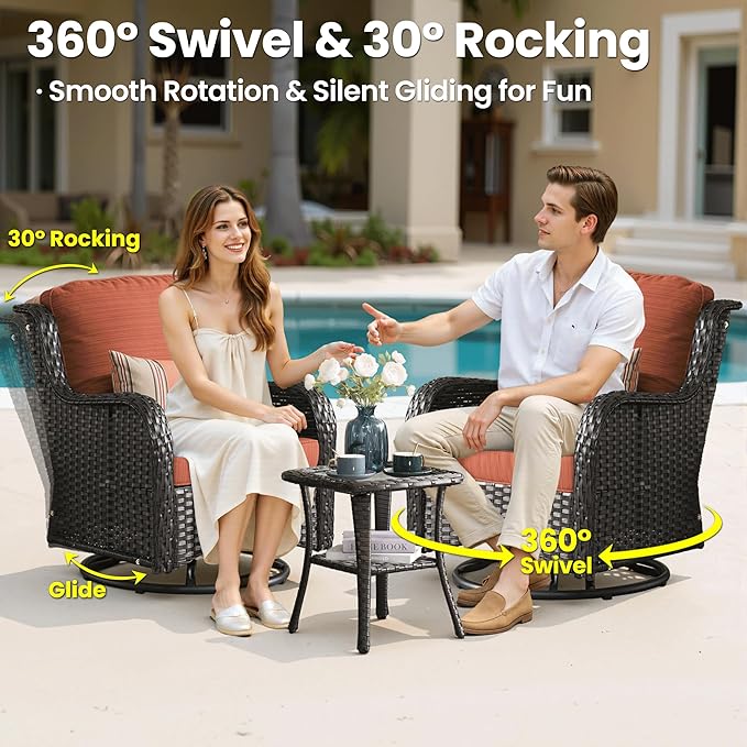ovios 8-Piece Patio Furniture Set with Swivel Chairs Coffee Table, Outdoor Wicker Sofa with 42" Fire Pit Table, High Back Couch Modern Conversation Sets, Brown/Orange Red