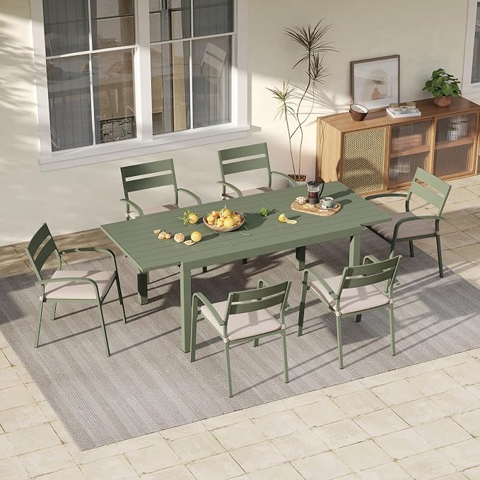 Soleil Jardin 7-Piece Outdoor Patio Dining Set, 59" - 83" Aluminum Expandable Outdoor Dining Table Set for 6, 6 Stackable Chairs with Beige Removable Cushions, Green