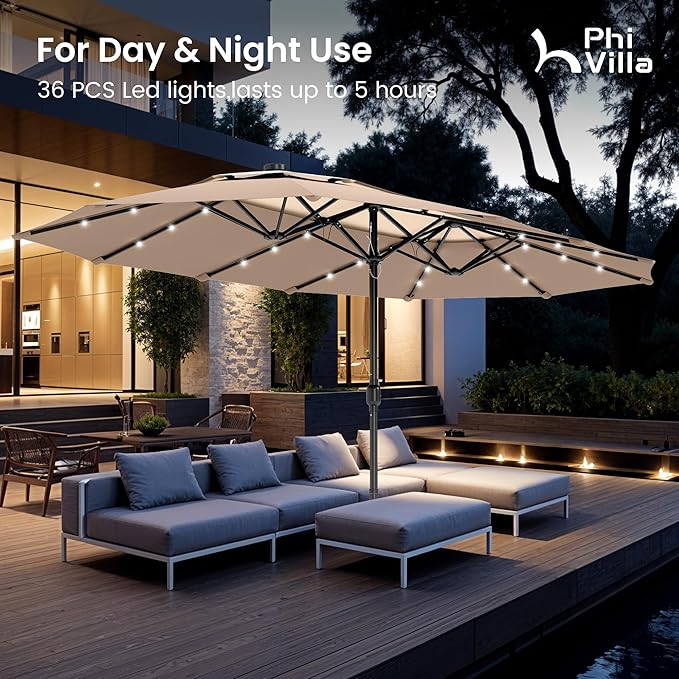 PHI VILLA 15ft 2-Tier Large Patio Umbrella with Solar Lights, Double-Sided Outdoor Market Rectangle Umbrellas with 36 LED Lights, Umbrella Base (Stand) Included, Beige&Tan