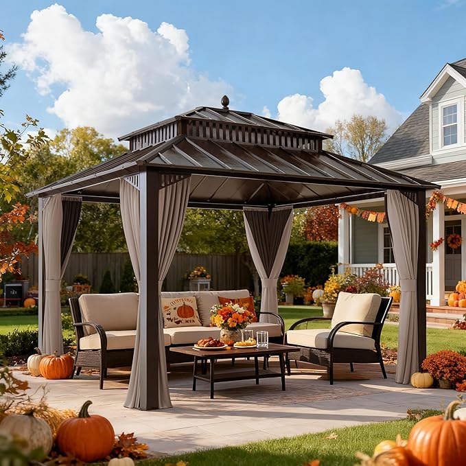 SUNJOY Kingston 12' x 10' Hardtop Gazebo with Galvanized Steel Double Roof, Curtain and Netting, Brown Aluminum Posts Permanent Pavilion Gazebo for Garden, Patio, Deck, Lawn