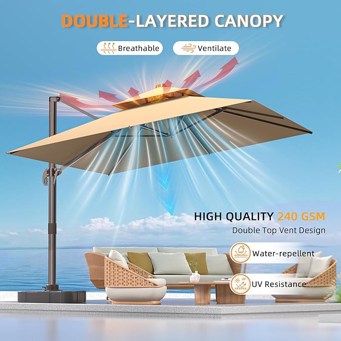 9' X 12' Outdoor Cantilever Patio Umbrella - Heavy Duty Offset Umbrella with 360° Rotation for Garden Deck Pool Patio, Brown