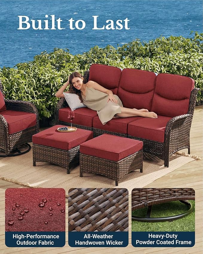 HILLGA Luxury Patio Furniture Set with 6-Inch Thick Cushions, High Back Outdoor Swivel Rocker Chairs and Patio Couch, 10-Piece All Weather Conversation Set for Porch Deck Pool Yard, Burgundy (V3)