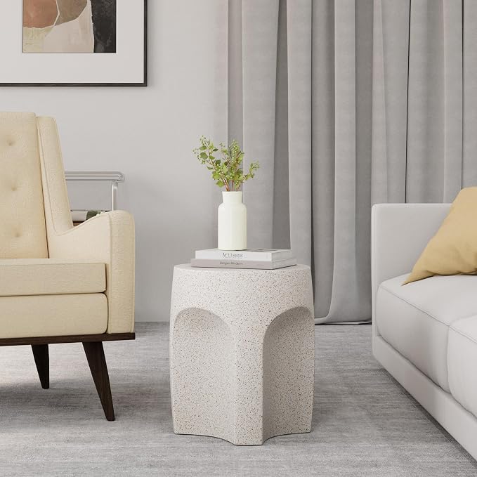 HOMPUS Outdoor Side Table w Arch Shape, Unique Patio End Table, Round MgO Coffee Lightweight Concrete Accent, Modern Vintage Garden Plant Stand for Indoor Outdoor Use, White
