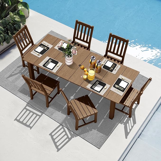LOUNZY 7 Pieces Patio Dining Sets, Outdoor HDPE Furniture Set for 6 w/ 2" Hole Cut-Out Dining Table with 6 Armless Patio Chairs for Pool, Lawn and Garden,Brown
