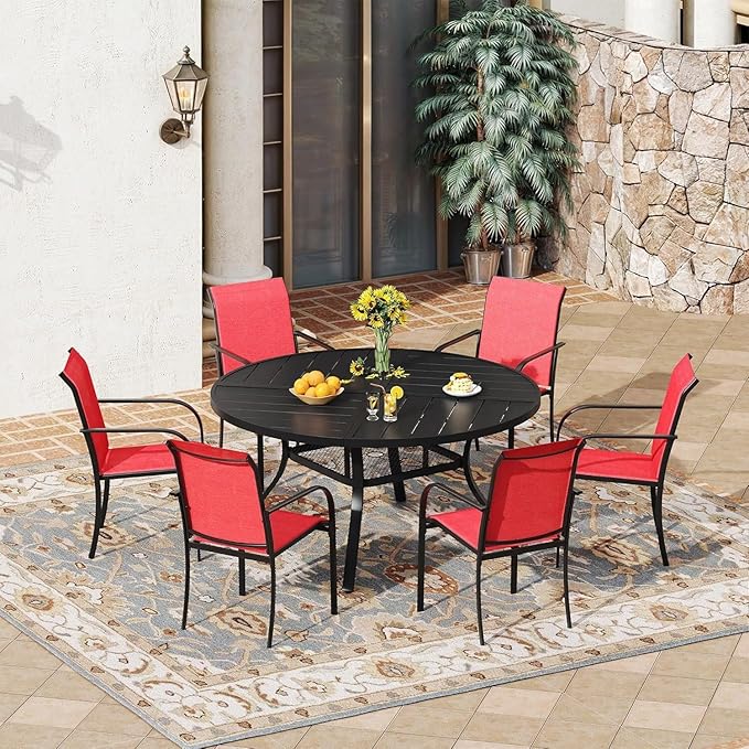 VICLLAX 7 Pieces Patio Outdoor Dining Set, 47.2" Round Metal Table with Umbrella Hole and Storage Shelf, 6 Stackable Textilene Chairs for Patio, Lawn, Garden, Porch, Black/Red