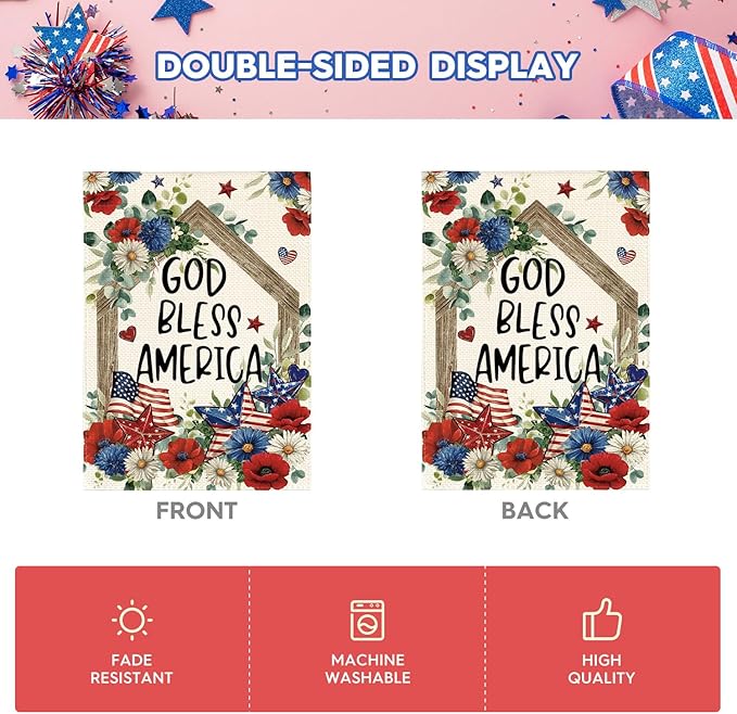 AVOIN colorlife Patriotic 4th of July House Flag 28x40 Inch Double Sided Outside, Floral Memorial Day God Bless America Yard Outdoor Decoration