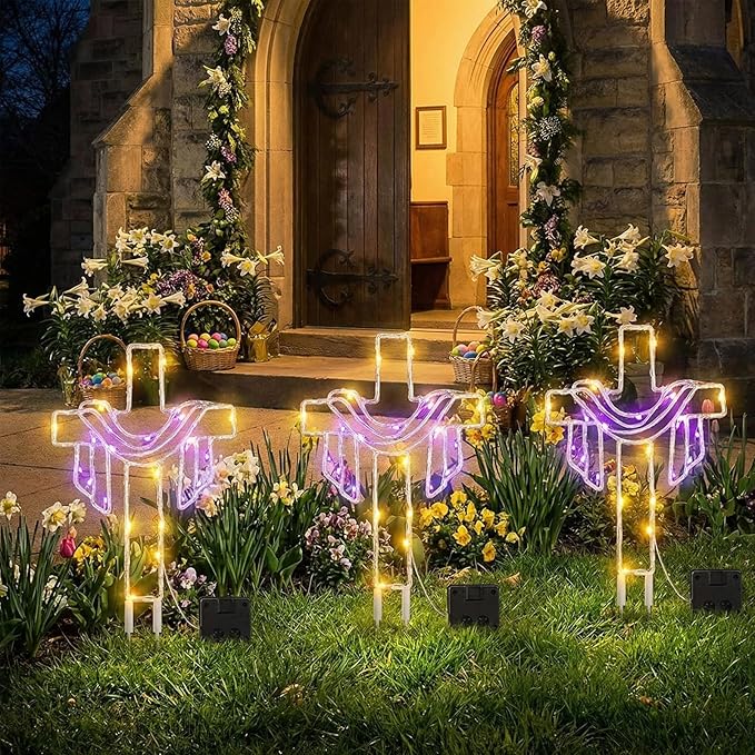 Retisee 3 Pack Easter Cross Solar Garden Lights Outdoor-12 Inch LED Lighted Cross Yard Stakes, Waterproof Solar Lamps,Religious Pathway Lawn Decorations for Easter Church Memorial Garden