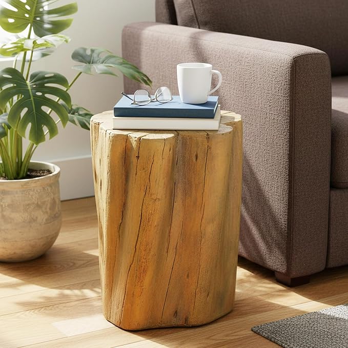Outdoor Side Table, Fiber Reinforced Concrete Patio End Table, 17.9 Inch Natural Wood Look Garden Stool Statue with Crack Texture Design for Patio, Garden, Porch, Poolside