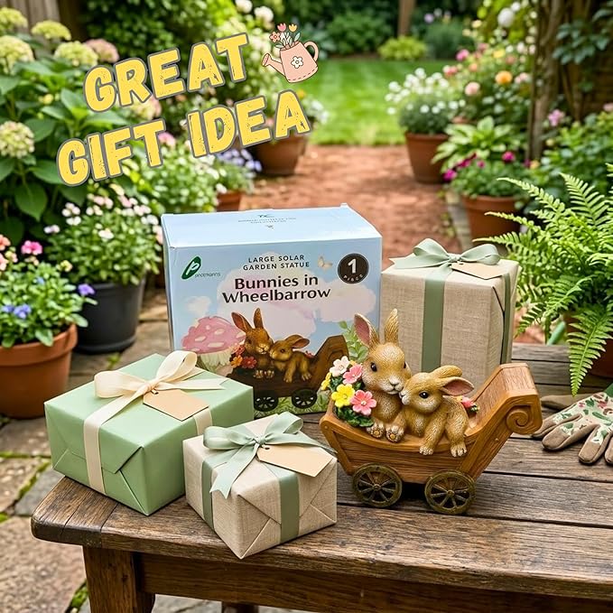 PRETMANNS Solar Garden Outdoor Statue Bunny Decor with Lights - Rabbit Lawn Ornament for Outside Yard Patio - Animal Figurines Gift for Mom Grandma - Waterproof Resin Garden Statues Outdoor - Medium