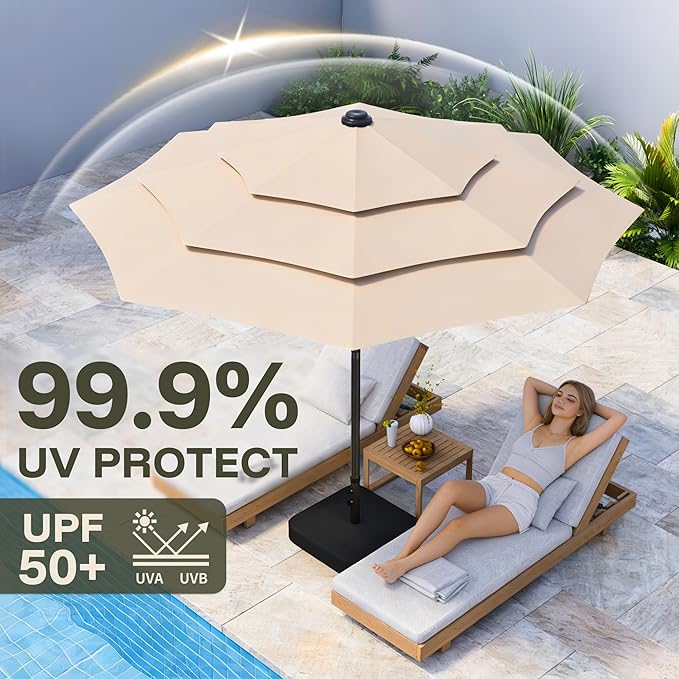 GDPFN 10FT Patio Table Umbrella Outdoor, 3 Tier Tilting Vented Windproof Market Umbrella for Outside, Outdoor Sun Shade for Inside of Pool, Deck, Backyard, Garden, Beige (No Base)
