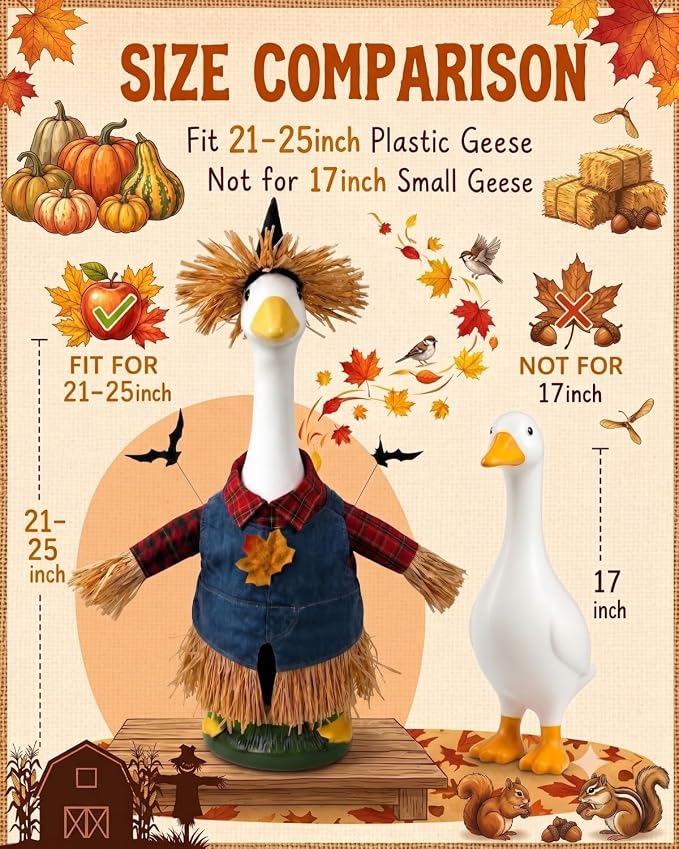 Scarecrow Porch Goose Outfits, 23 Inch Fall Geese Costume with Straw Hat | Porch goose fall outfit with hat & bat decor. Halloween thanksgiving yard decor for concrete statue, gift for mom grandma.