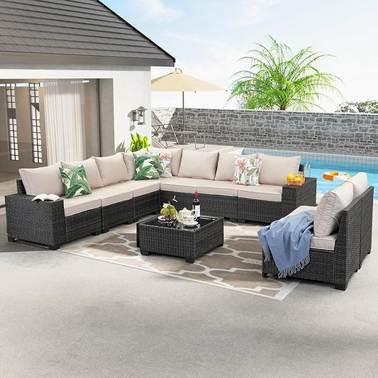 10 Pieces Patio Furniture Set, Wicker PE Rattan Outdoor Sectional with Cushion & Coffee Table, Patio Conversation Sofa for Garden, Backyard, Poolside, Beige